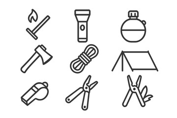 Fototapeta premium Survival Gear Icons. Line style icons of Survival Gear: Firestarter, Flashlight, Canteen, Hatchet, Rope, Shelter Tarp, Whistle,