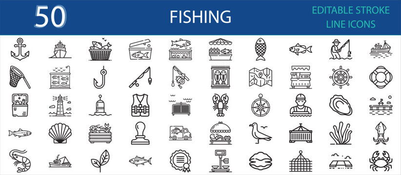 Editable stroke icon set of fishing and seafood industry elements. Includes fish, hook, net, boat, anchor, rod, market, shell, shrimp, compass, lighthouse, and marine aquaculture tools.