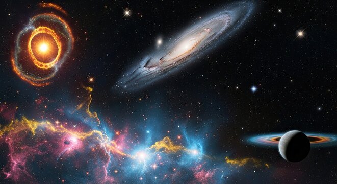 A vibrant cosmic scene with galaxies, stars, and nebulae in a dark, starry sky. - Powered by Adobe