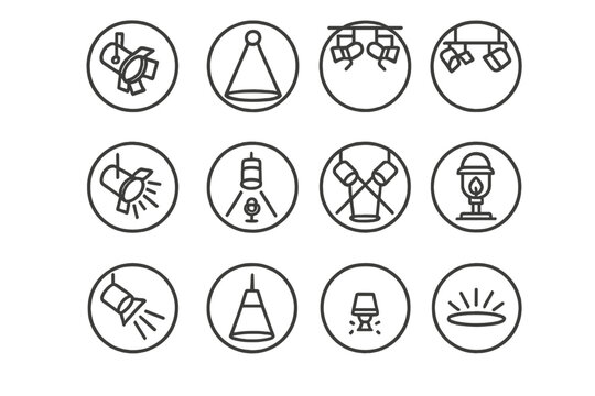 Spotlight Icon Set. Line style icons of spotlights in round shape: stage spotlight, beam of light, ceiling light rig, spotlight