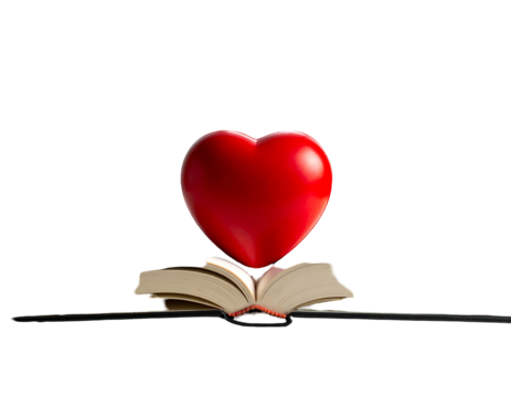 A red, glossy heart rests upon an open, aged book. The background is pure black, allowing the heart and book to stand out