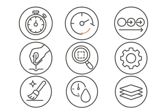 Time-Lapse Crafting Icons. Line style round vector icons of Time-Lapse Crafting: Stopwatch, In-Progress Icon, Craft Step Sequence,
