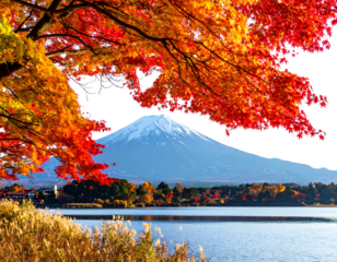 A scenic vista shows a snow-capped mountain behind a lake with red and orange leaves and golden grass in the foreground