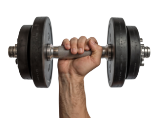 Hands holding heavy black dumbbells isolated on transparent background