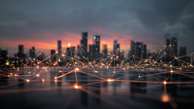Abstract cityscape with glowing network connections overlaid, symbolizing technology and progress at dusk. The cityscape has dark sky with orange tone