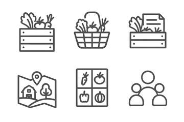 Community Agriculture Icons. Line style icons of community-supported agriculture: CSA box, pickup basket, subscription crate,