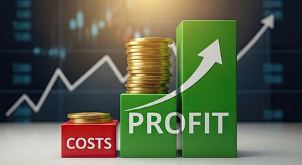A stack of coins and a stack of bars with the word 'profit' on them, with a graph in the background.