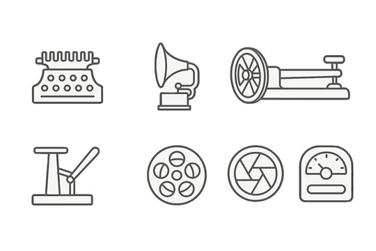 Vintage Machinery Icons. Line style icons of Vintage machinery: typewriter gear, phonograph crank, sewing machine wheel, telegraph
