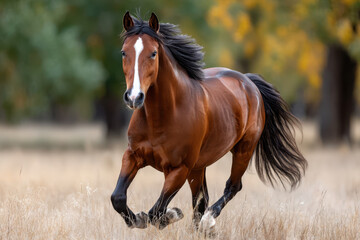 Obraz premium Bay horse galloping through a field of dry grass