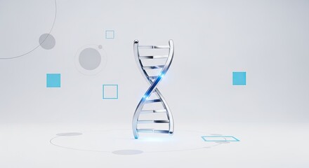 A metallic DNA molecule with blue light shining through its helix, set against a white background with geometric shapes.
