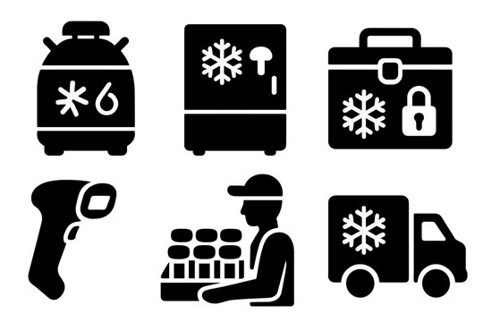 Cryopreservation Storage Icons. Solid style icons of FMT storage and transport: cryopreservation unit, stool bank freezer, sealed