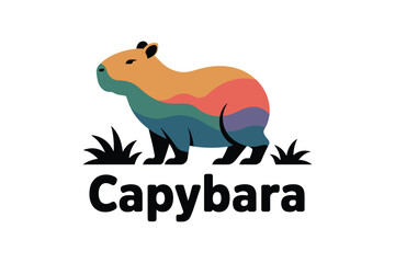 Obraz premium A stylized illustration of a capybara with colorful, abstract patterns on its back stands on grass above the word 