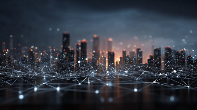 A Futuristic cityscape with interconnected network lines, representing technological advancement and urban infrastructure