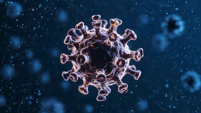 Rotating coronavirus particle drifts. Closeup shows spiky protein envelope. Microscopic virus model evokes covid19. Molecular sarscov2 pathogen suggests infection. Medical visualization. Research use.
