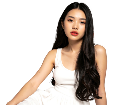 A portrait features a young woman with long, dark hair and a light complexion, wearing a simple white outfit. The background is solid black