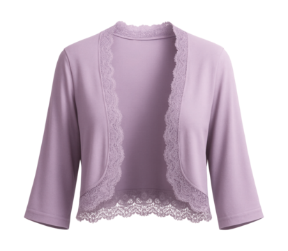 Soft lavender shrug with lace trim and three-quarter sleeves.