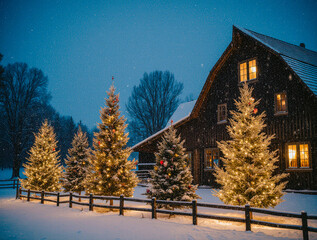 Naklejka premium Cozy log cabin illuminated by christmas lights in a snowy evening