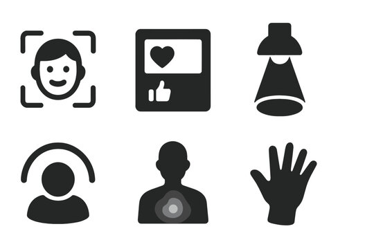 Interactive Audience Icons. Solid style icons of audience interaction effects: viewer face detected symbol, live feedback canvas,
