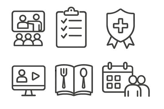 Training Icons Collection. Line style icons of training and onboarding: new staff orientation icon, SOP checklist, safety training