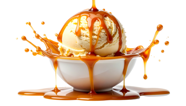 A scoop of vanilla ice cream in a small white bowl, drizzled with caramel sauce that's also splattering out