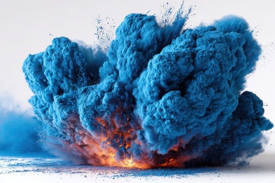 Blue powder paint explosion with orange light on a white background, creating a vibrant visual effect