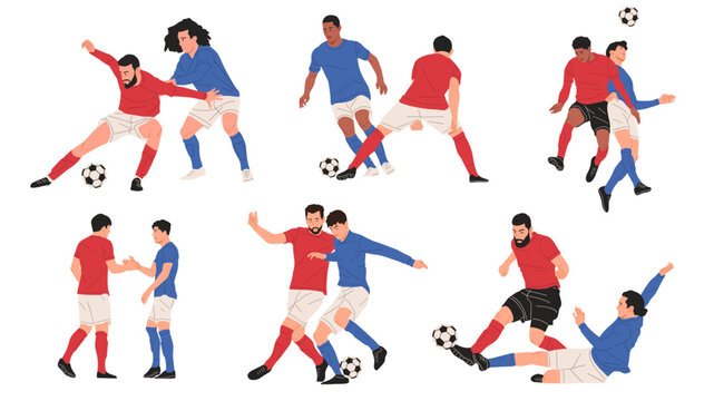 Soccer players in action, football match with red and blue teams competing for the ball, flat vector illustration of dynamic sports moments.Good for poster,event, education,learning and more