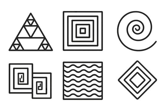 Recursive Pattern Icons. Line style icons of recursive visuals: self-repeating shapes, nested squares, looped spirals, mirror