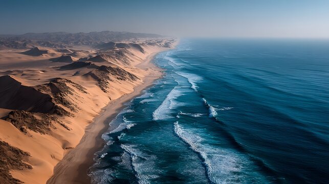 Epic aerial drone shot captures the Skeleton Coast in Namibia, where massive, windswept sand dunes meet the deep blue Atlantic Ocean, creating a dramatic and otherworldly landscape.