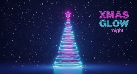 Glowing neon tree shape with a star on top against a dark blue background with snow