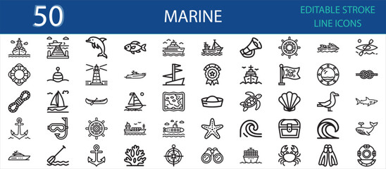 Editable stroke icon pack of marine and nautical elements. Includes ships, anchors, compass, lighthouse, dolphins, fish, waves, shells, steering wheel, scuba, and underwater adventure icons. © Fifty Icons