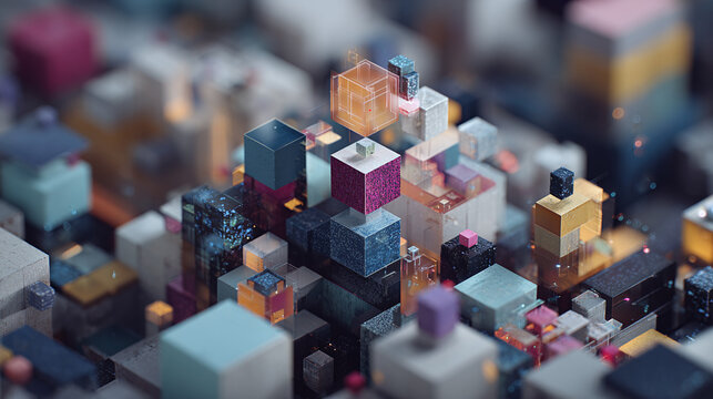 A vibrant abstract cityscape made of colorful cubes of varying sizes