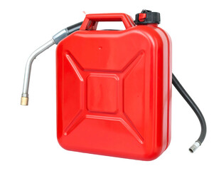 Naklejka premium A red, rectangular fuel container with a handle and a nozzle, set against a transparent black backdrop. The gas can is shiny