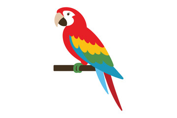 Fototapeta premium A brightly colored macaw parrot is perched on a branch, its feathers displaying vibrant reds, yellows, blues, and greens against a white background.
