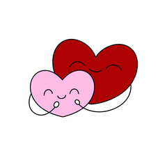 Two hearts are hugging each other, one is pink and the other is red