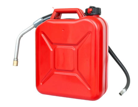 A red, rectangular fuel container with a handle and a nozzle, set against a transparent black backdrop. The gas can is shiny