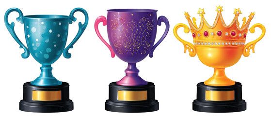 Colorful trophy collection featuring three distinct designs, ideal for celebrations and awards