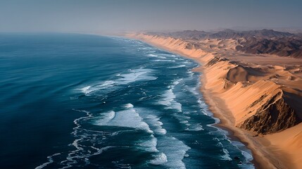 Fototapeta premium Epic aerial drone shot captures the Skeleton Coast in Namibia, where massive, windswept sand dunes meet the deep blue Atlantic Ocean, creating a dramatic and otherworldly landscape.