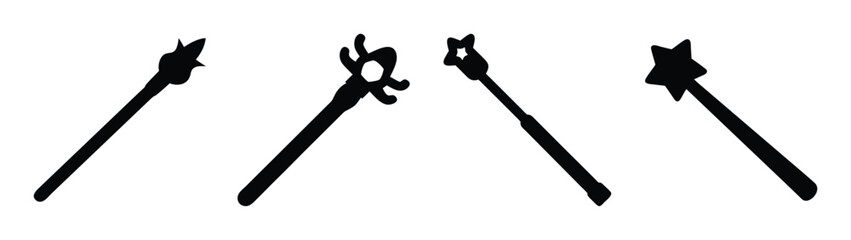 Four magic wands silhouette vector illustration, wizard staff, sorcerer stick, fantasy item, black