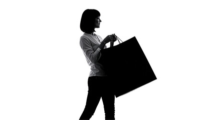 Silhouette of a woman holding a shopping bag against a white background