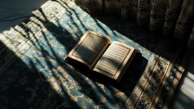 Sacred Quran open on a patterned mat, bathed in gentle sunlight with striped shadows, symbolizing Islamic prayer and devotion, a serene moment of faith.