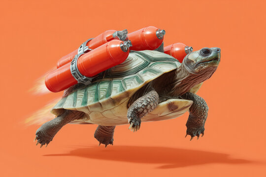 Astonishing turtle with rocket boosters propels forward with fiery exhaust against vibrant orange background