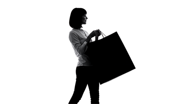 Silhouette of a woman holding a shopping bag against a white background