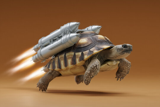 Whimsical turtle soaring with rocket boosters embodies speed and innovation, ideal for business growth metaphors and creative campaigns that need a playful edge