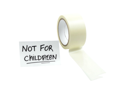 A roll of tan masking tape unwinds next to a handwritten note on a white rectangle. Black background