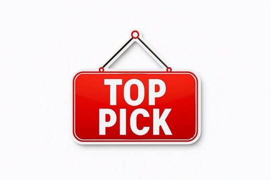 Bright red hanging sign with white text reading top pick signifying a selection of excellence or a favored choice