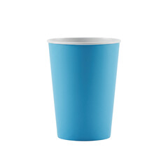 a pristine, matte cerulean blue disposable paper cup, textured and cylindrical, isolated against a brilliant white studio background with copy space, concept for disposable convenience and takeout