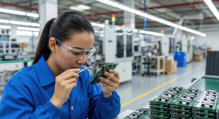 Asian woman in blue work uniform examines circuit board with magnifying glass in a modern electronics manufacturing facility, showcasing precision and attention to detail in assembly