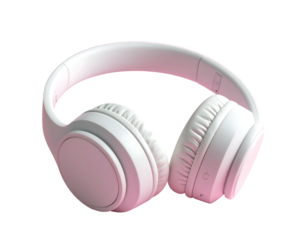 A pristine white pair of over-ear headphones, isolated against a black backdrop with a soft pink gradient