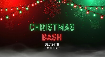 Neon christmas bash holiday event with red and green lights and snowflakes celebration