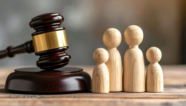 Wooden family figurines and judge gavel. Family law, protection and justice.